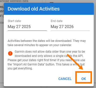Download old Activities date range modal