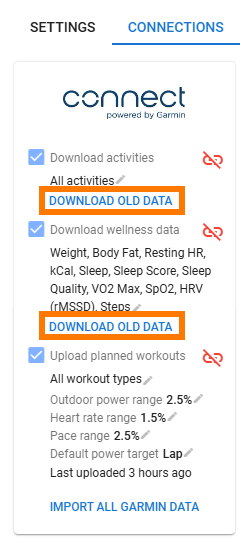 intervals.icu Connections with Download old data highlighted