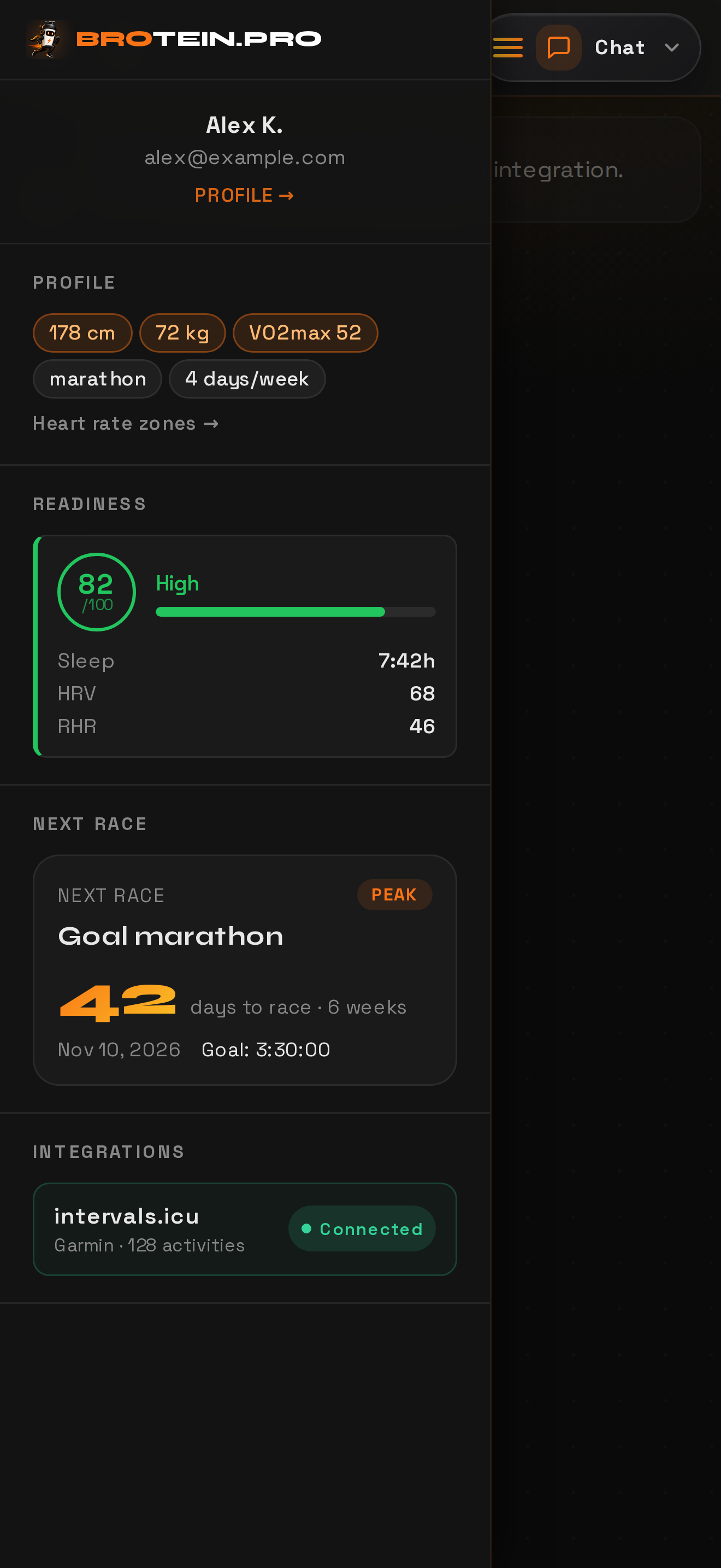 Brotein.pro app — profile and intervals.icu integration screen