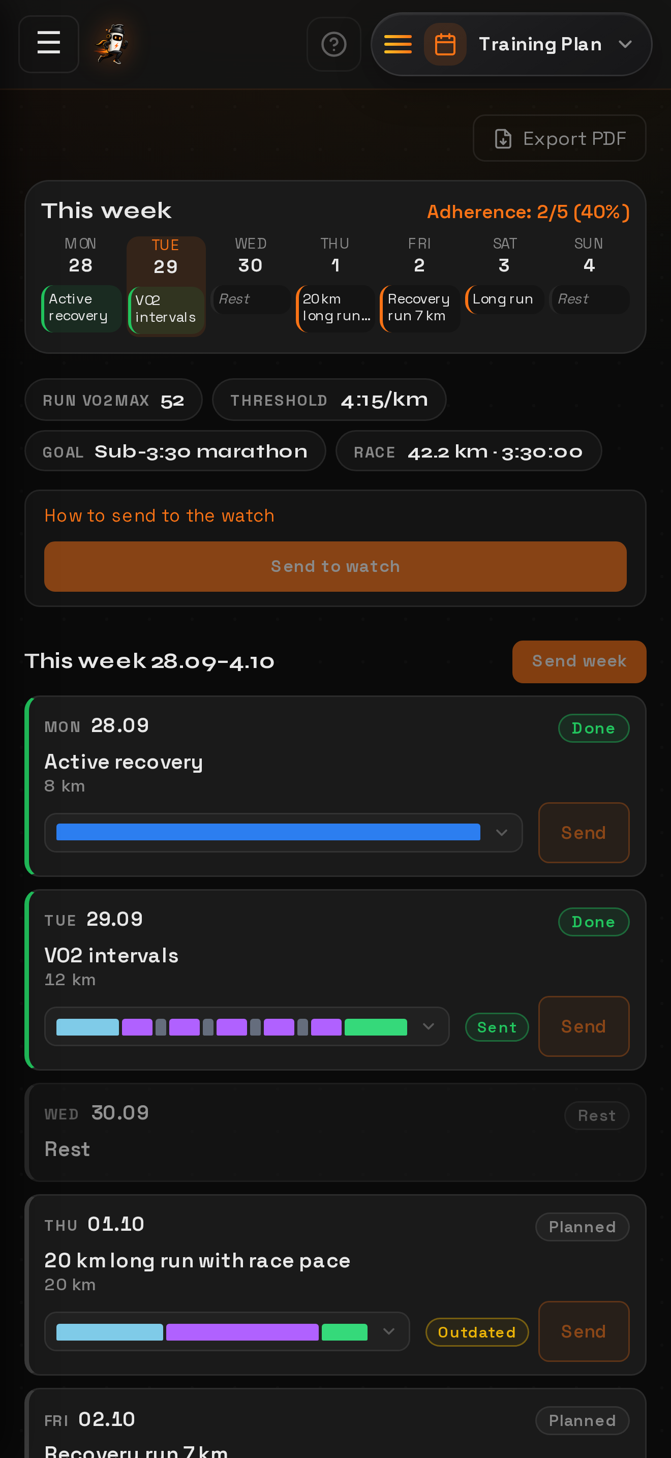 Brotein.pro app — weekly training plan screen